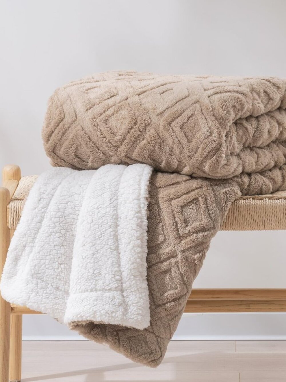 Jacquard Reversible Sherpa Throw Blanket, 50" x 60", Khaki Tan
